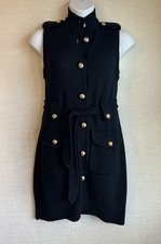 TORY BURCH Navy Sweater Dress Sleeveless 100% Merino Wool Gold Button Belt Small