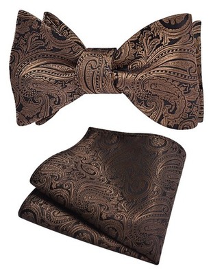 GUSLESON Mens Brown Self Tie Bow Tie Silk Woven Paisley Bow tie Handkerchief