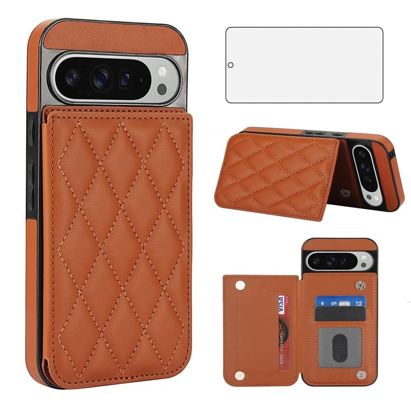 Google Pixel 9 Pro XL Wallet Cover with Tempered Glass Screen Protector&Leather