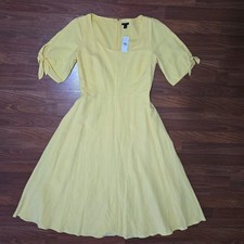 Ann Taylor Romantic Butter Yellow Linen Blend Flare Dress Tie Sleeve Scoop 10