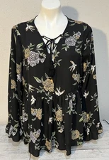 Signature Studio Long Bell Sleeve V Neck Babydoll Top Women's Sz XL Birds Fall