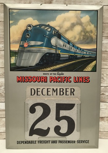 Vintage Missouri Pacific Lines Tin Litho Cardboard Railroad Calendar in box 1940