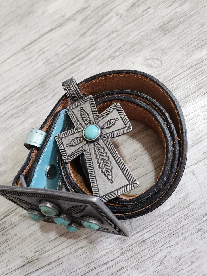 EXTREMADAMENTE RARO Doble D Rancho Suroeste Imitación Turquesa Plata Cruz Talla 28 Foto 3 de 4