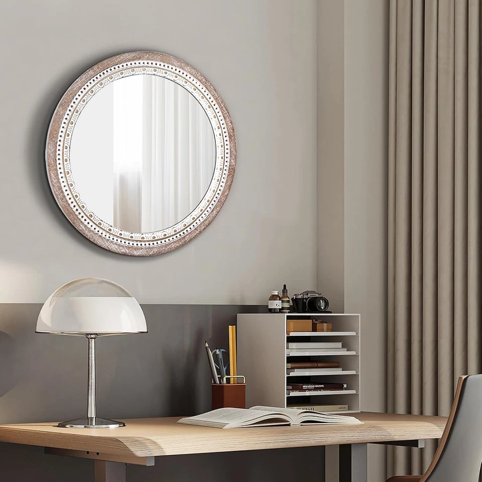 24 Inch Wooden round Mirror for Wall Decor, Farmhouse Boho Circle Mirror with Be - Image 4 of 4