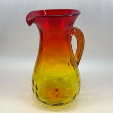 Vintage Amberina Gass Pitcher Hand Blown Applied Ribbed Handle Optic Design MCM
