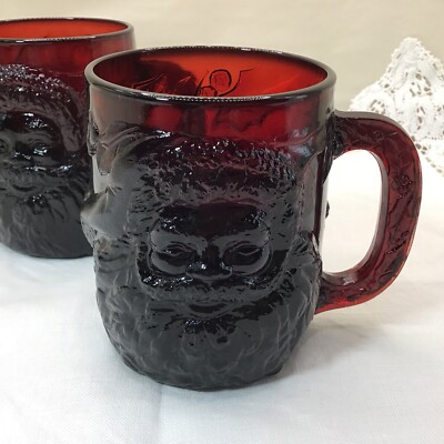 2 Cristal D Argue Ruby Red Glass Coffee Mugs Santa Claus Face France Mint