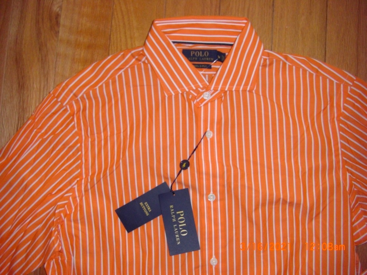 Ralph Lauren Mens Long Sleeve ORANGE WHITE STRIPE