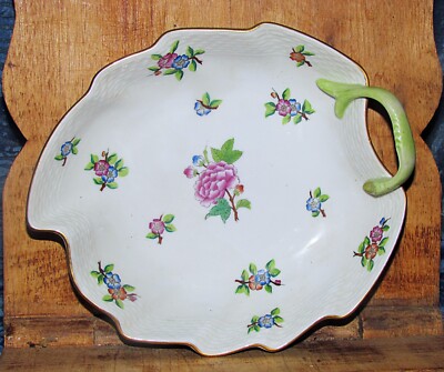 Herend Her6 porcelain leaf dish with twig handle hand painted