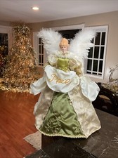 Victorian Christmas Angel Tree Topper Green Gold Embellished Porcelain Face 17&rdquo;
