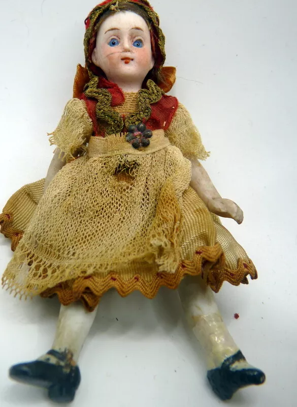 Antique All Bisque Doll Glass Eyes 3 1/2 IN Antique German Bisque Dollhouse  Doll