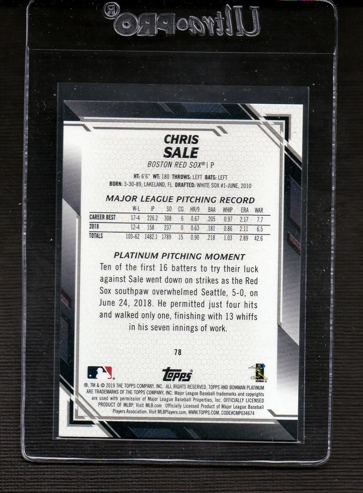2019 Bowman Platinum Orange Chris Sale Boston Red Sox 25/25 - Image 2 of 2