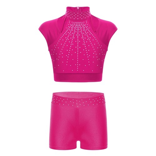 Kids Girls Outfit Active Shorts Sleeveless 2 Piece Sequins Crop Top Mock Neck - Picture 43 of 85