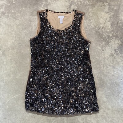 Chicos 1 M 8 Shirt Womens Sequin Tank Top V Neck Black Cotton Modal