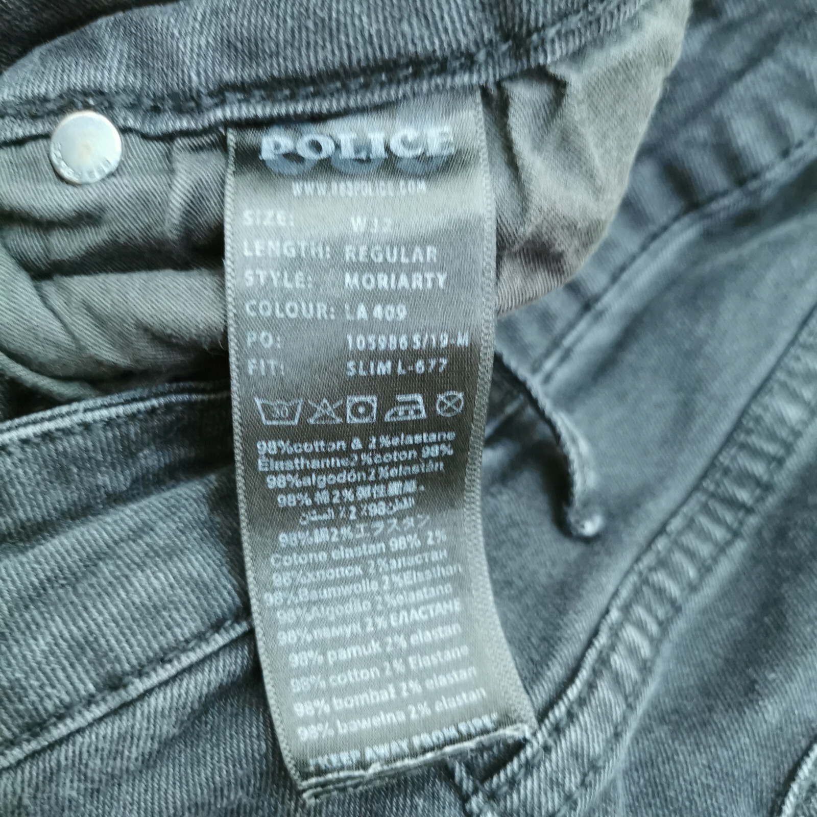 883 Police Moriarty Jeans Mens W28 L32 Black Skinny Fit Stretch Denim Button