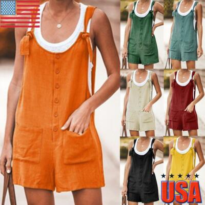 Womens Cotton Linen Short Jumpsuit 