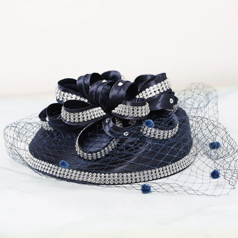 Темно-синяя шляпа Fascinator для женщин Атласная ткань Дерби Чай Церковные шляпы Цветочная вуаль - Изображение 2 из 4