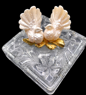 Gorgeous Pair Love Birds Lead Crystal  Gold Plated Dresser Germany Westminster