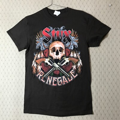 STYX Renegade Concert T-shirt Sz S Brown 2014 North American Tour Skull & Guns