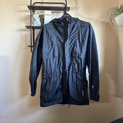 Helly Hansen Hooded Jacket Mens Small Black Lined Zip Snap Packable Cinch Waist