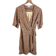 Garnet Hill Womens 6 Brown Animal Print Short Sleeve Crepe Wrap Dress