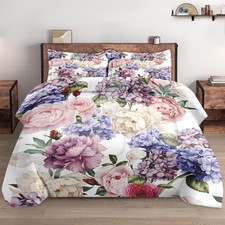 Twin Size Comforter Set with Pillowcase, Painting Floral Rose Flower Hydrange...