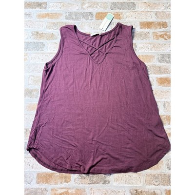 Emory Park Dulce Sleeveless Knit Top Dark Purple Crisscross V-Neck Tank L NEW