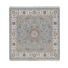 6'x6' Light Blue Nain with Medallion Design Hand Knotted Wool & Silk Square Rug