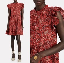 $395 ULLA JOHNSON Red Poppy Floral HANA Ruffle Tiered Cotton Flowy Sun Dress 4 S
