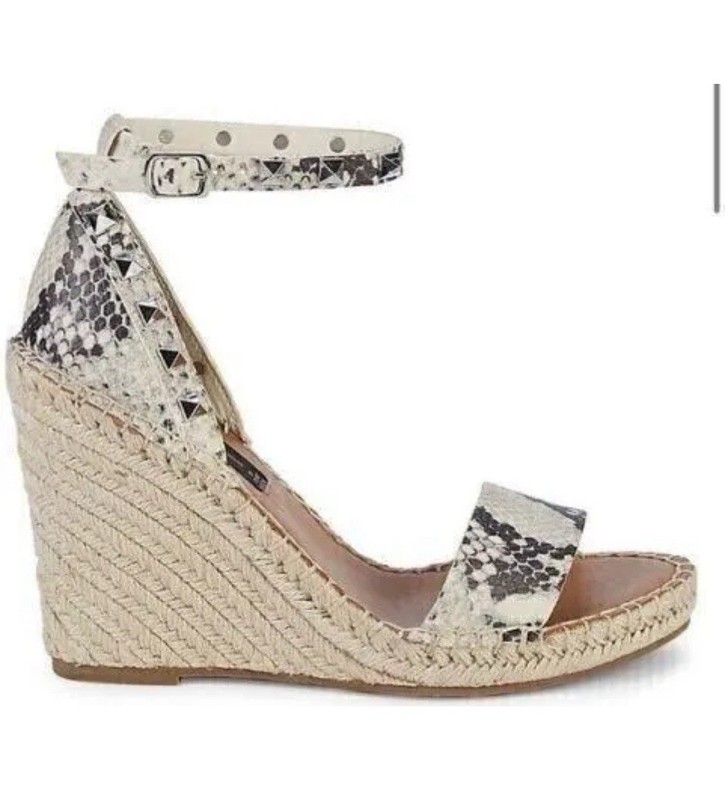 NIB Steve Madden McKenna Wedge Sandal 9 Snakeskin Studded Espadrille Nude