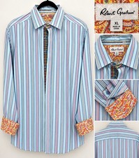 Robert Graham Men's XL Classic Fit Cotton Striped Dress Shirt, Contrast Trim