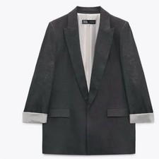 Zara - women s 100 linen blazer printed sleeves grey open front jacket size M