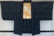 Japanese Vintage Kimono Haori Jacket Silk Black Oshima Traditional Authentic31in