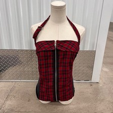 Tripp NYC Corset Top Plaid Black Red Lace Up Vintage Lace Goth Punk