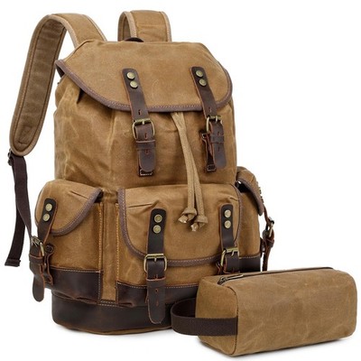 Vintage Leather Canvas Backpack, Waxed Canvas Shoulder Rucksack