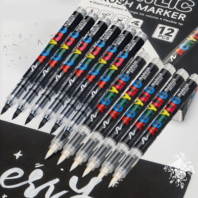 Black White Acrylic Paint Pen Markers, 12pcs Soft Brush Tip Paint Pens for Ro...