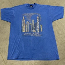 Vtg 1989 Chicago Skyline Blue Gold Screen Stars Single Stitch T Shirt Mens XL