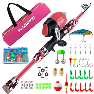 Angelset Kinder Angelrute mit Angelrolle und Koeder Set Teleskop Anfaenger Set