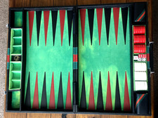 Aries International Beverly Hills Large Backgammon Set Green Red Stripe Case