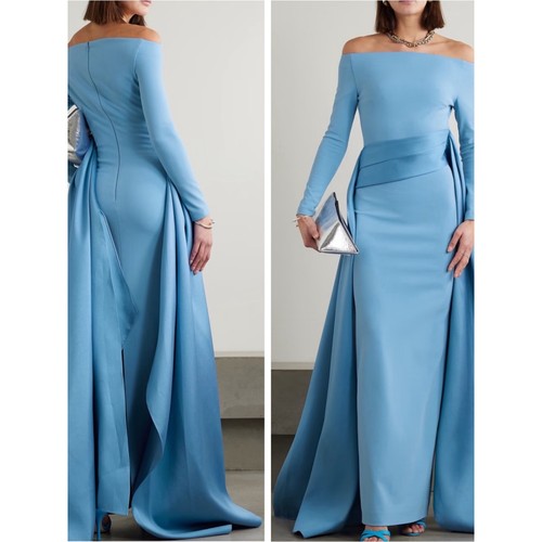 SOLACE LONDON Irma Off the Shoulder Long Sleeve Drapes Blue Maxi Dress Size 0