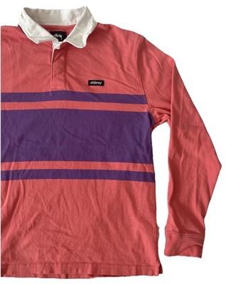 STUSSY Polo Rugby Long Sleeve Collared Shirt Bold Pink Purple Men