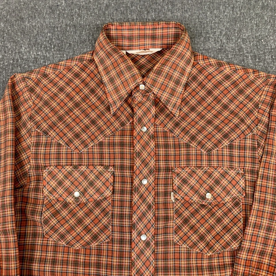 Vintage Levis Western Pearl Snap Shirt Mens M Plaid Big E Cowboy Rodeo USA 70s - Image 3 of 4