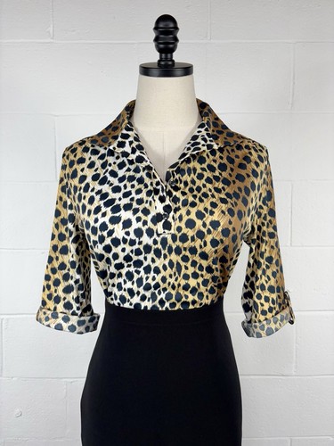 Vintage 70s Cheetah Print Top Blouse Nylon Knit Roll-Tab Sleeves Glam Disco Med - Picture 13 of 13