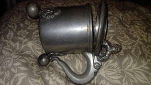 SWEDISH PEWTER PRESENTATION STEIN CAROLUS XII BY SVENSK TENN LION THUMB HANDLE