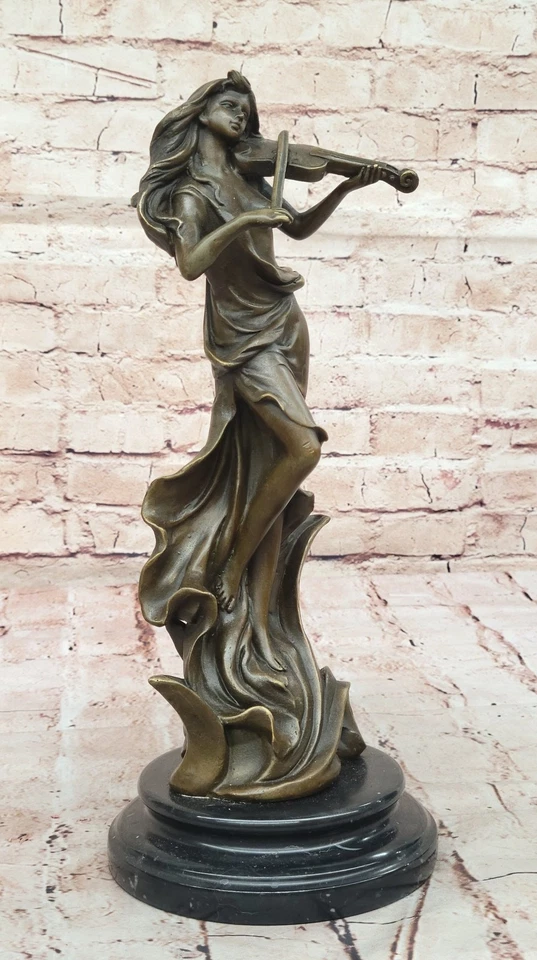 Signed Classic Artwork Female Violin Player Art Deco Bronze Sculpture Statue Art - Image 4 of 4