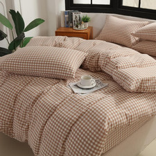 Tan Gingham Duvet Cover Set 100 Washed Cotton Linen like Soft, 3-Pieces Bedding