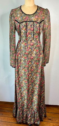 VTG GUNNE SAX STYLE BOHO PRAIRIE COTTAGECORE BLACK PINK CALICO FLORAL DRESS*S/M