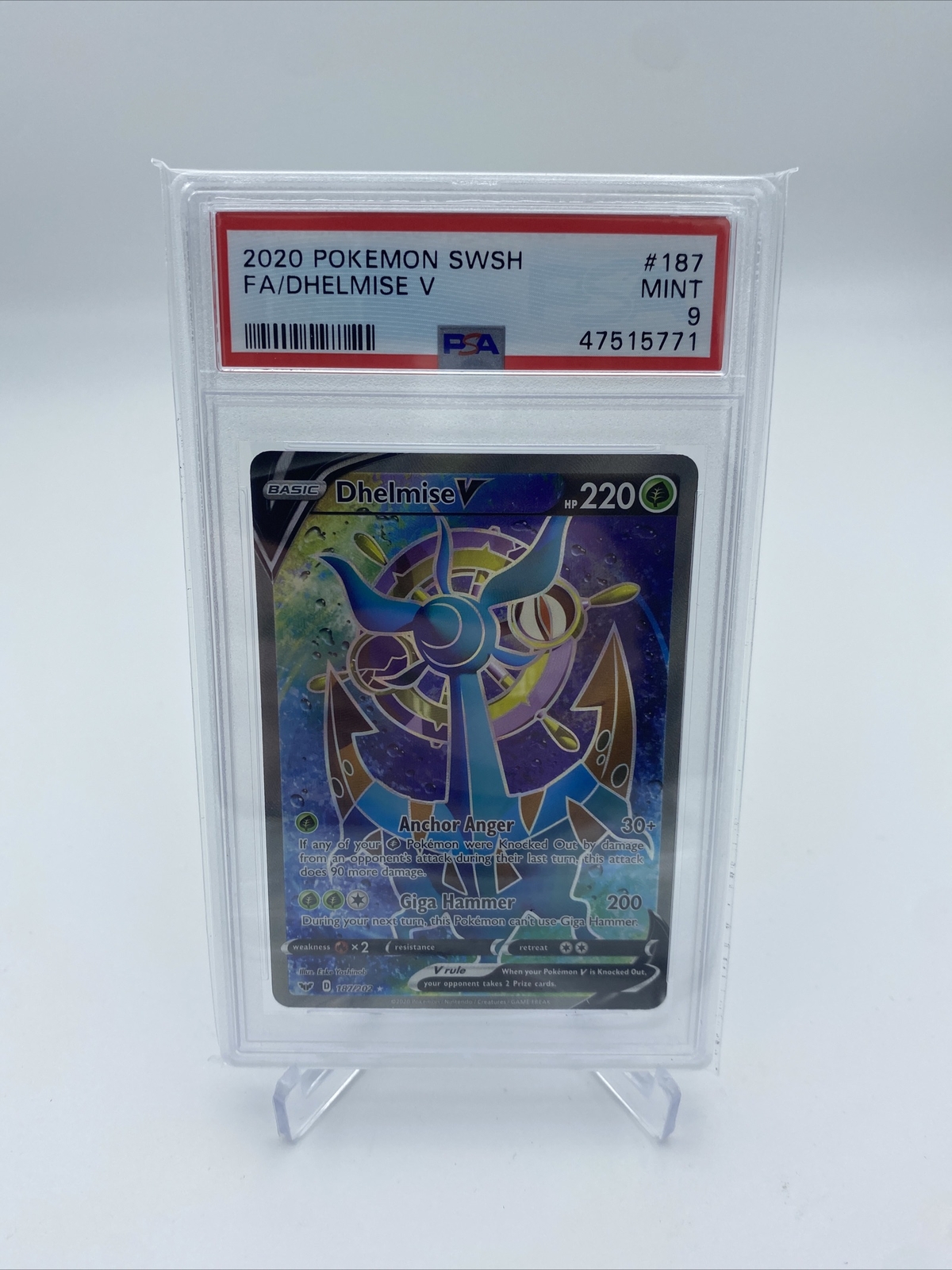 2020 Pokemon Sword & Sheild #187 Dhelmise V Full Art PSA 9 MINT