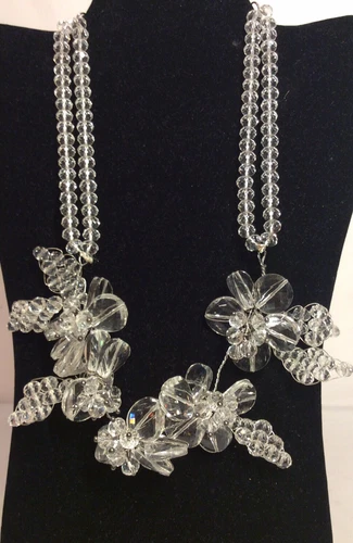 NEW LEAD CRYSTAL GLASS BEADS & HAND WIRED STATEMENT NECKLACE w FLOWERS FLORAL