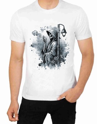 The Grim Reaper On A Smoking Break T shirt Skull Face Character Drawing Art