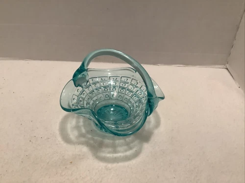 Fenton Small Aqua Glass  5in X 5in Easter Basket HTF Candy Trinket